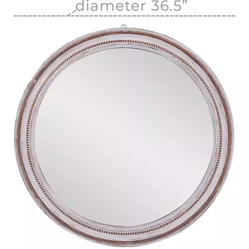Distressed White Wood Round Frame Wall Mirror