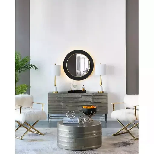 Drew II Black and Gold Round LED Mirror