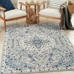 Faded Gray & Blue Floral Medallion Area Rug, 5x7