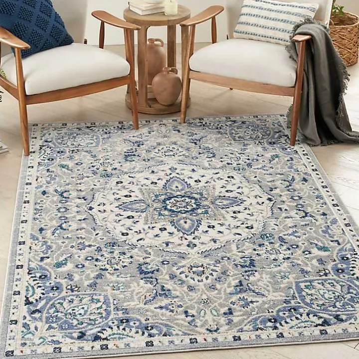 Faded Gray & Blue Floral Medallion Area Rug, 5x7