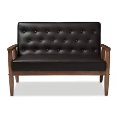 Faux Brown Leather and Rubberwood Loveseat, 49 in.