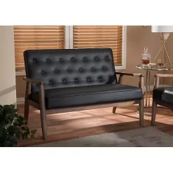 Faux Brown Leather and Rubberwood Loveseat, 49 in.