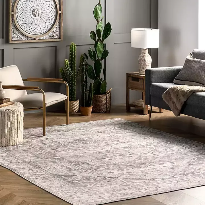 Flo Gray Vintage Medallion Washable Area Rug, 6x9