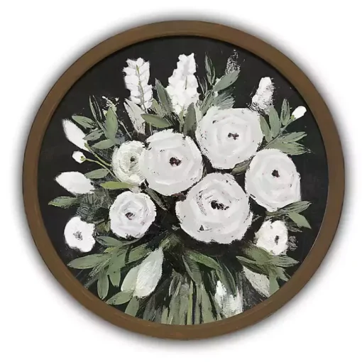 Flowers on Black Background Brown Framed Art Print