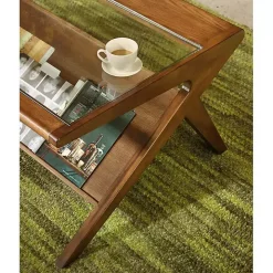 Glass and Walnut Wood Angled Coffee Table