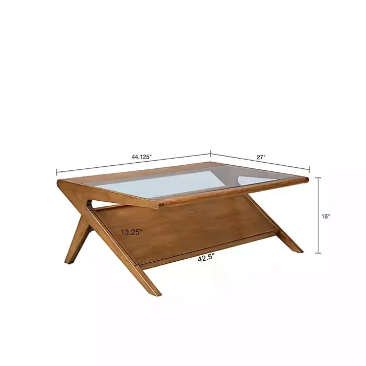 Glass and Walnut Wood Angled Coffee Table