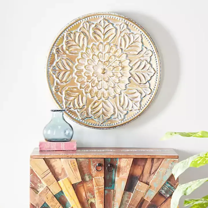 Gold Metal Floral Embossed Wall Sculpture