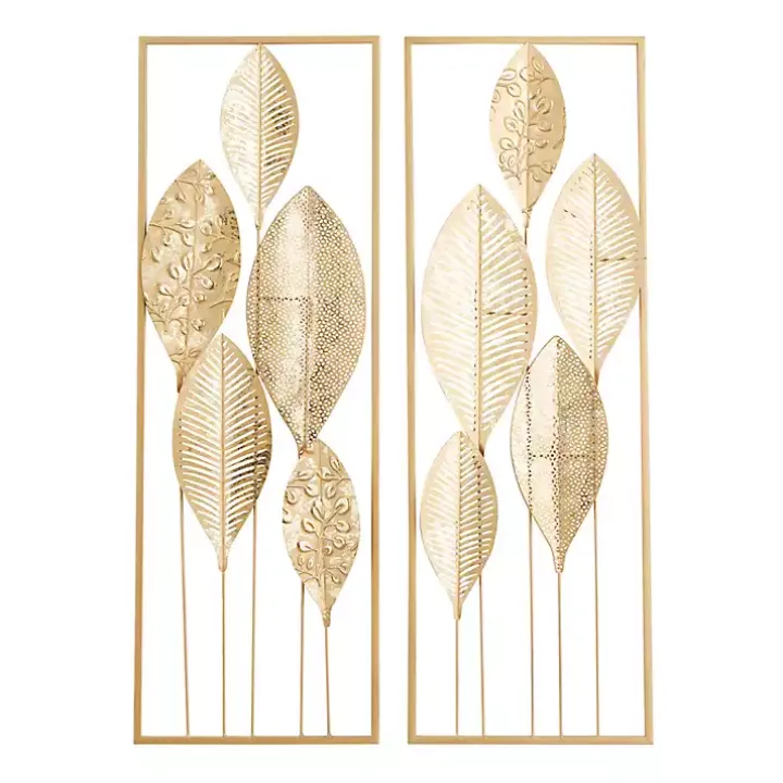 Gold Metal Leaves Wall Plaques, Set of 2