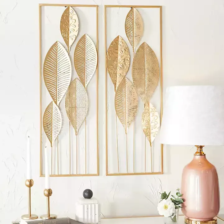 Gold Metal Leaves Wall Plaques, Set of 2