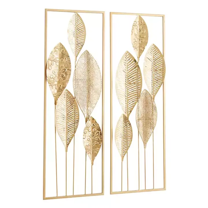 Gold Metal Leaves Wall Plaques, Set of 2