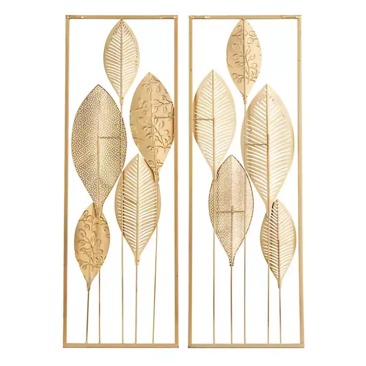 Gold Metal Leaves Wall Plaques, Set of 2