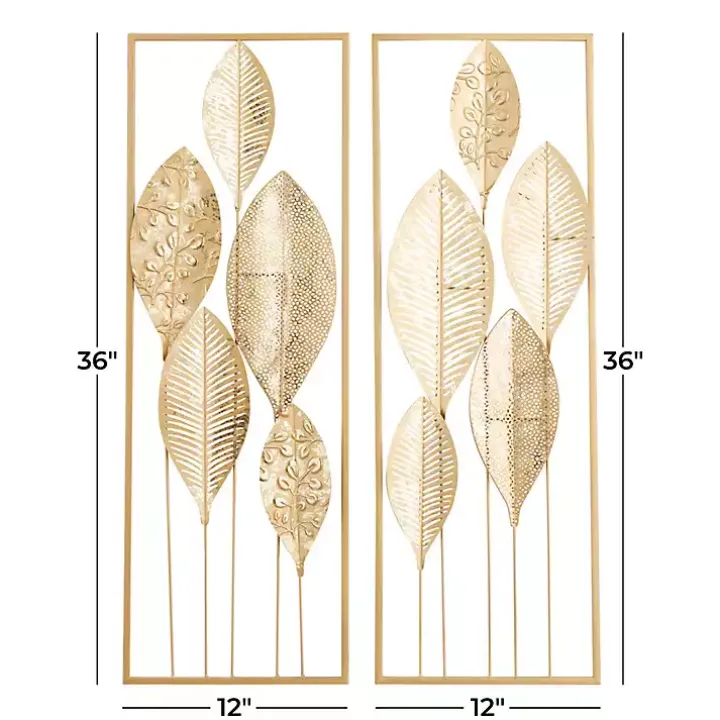Gold Metal Leaves Wall Plaques, Set of 2