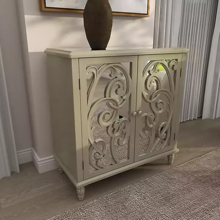 Gold Wood Carved Scroll Mirrored Cabinet