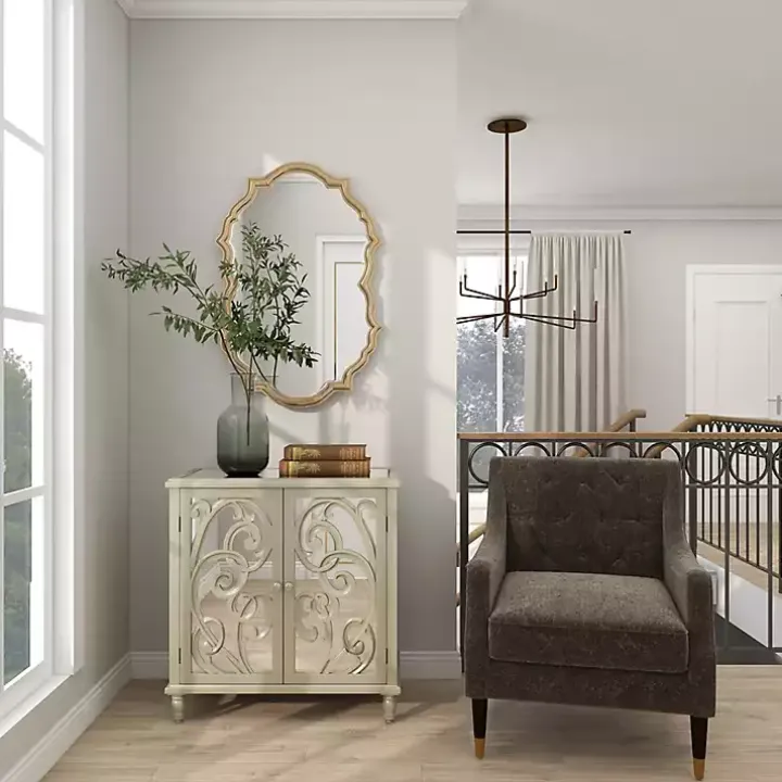 Gold Wood Carved Scroll Mirrored Cabinet