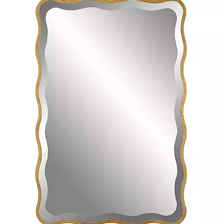 Gold Wood Wavy Frame Beveled Wall Mirror