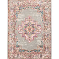 Gray & Pink Central Motif Botanical Area Rug, 5x7