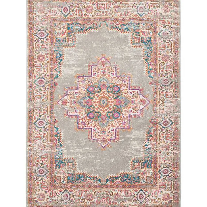 Gray & Pink Central Motif Botanical Area Rug, 5x7