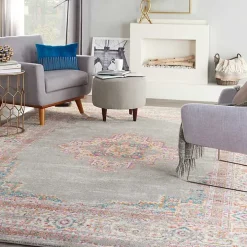 Gray & Pink Central Motif Botanical Area Rug, 9x12