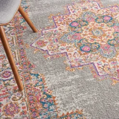 Gray & Pink Central Motif Botanical Area Rug, 5x7