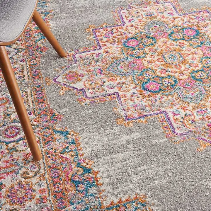 Gray & Pink Central Motif Botanical Area Rug, 5x7