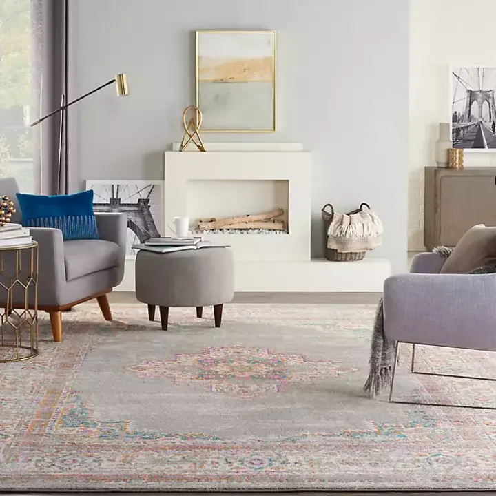 Gray & Pink Central Motif Botanical Area Rug, 9x12