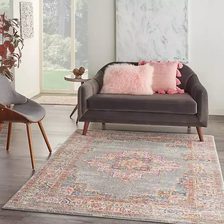 Gray & Pink Central Motif Botanical Area Rug, 5x7