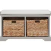 Gray Bench with Woven Storage Baskets