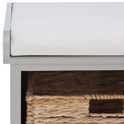 Gray Bench with Woven Storage Baskets