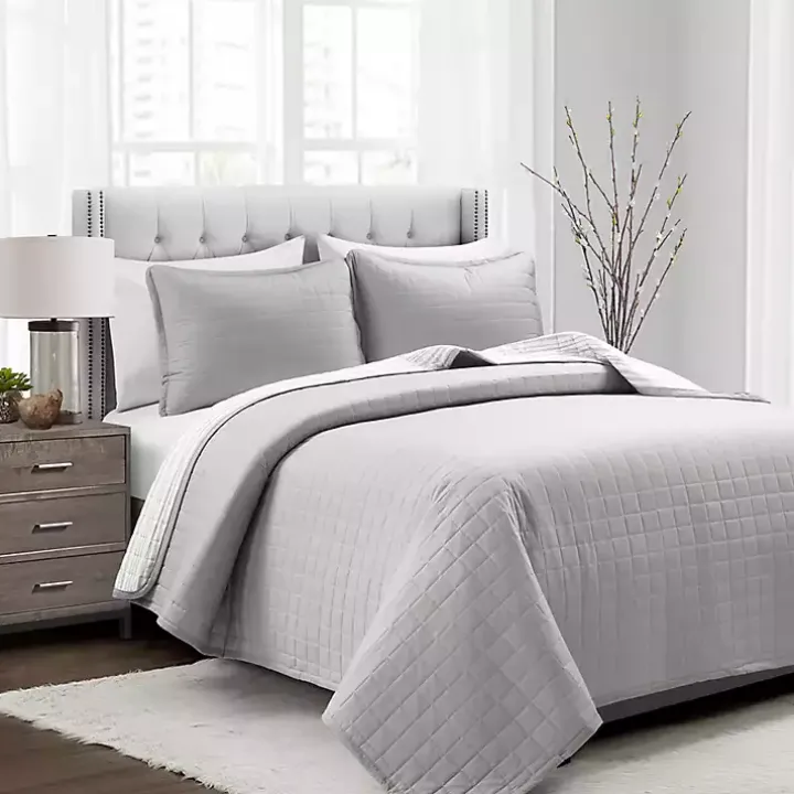 Gray Box Stitch Cotton Full/Queen 3-pc. Quilt Set