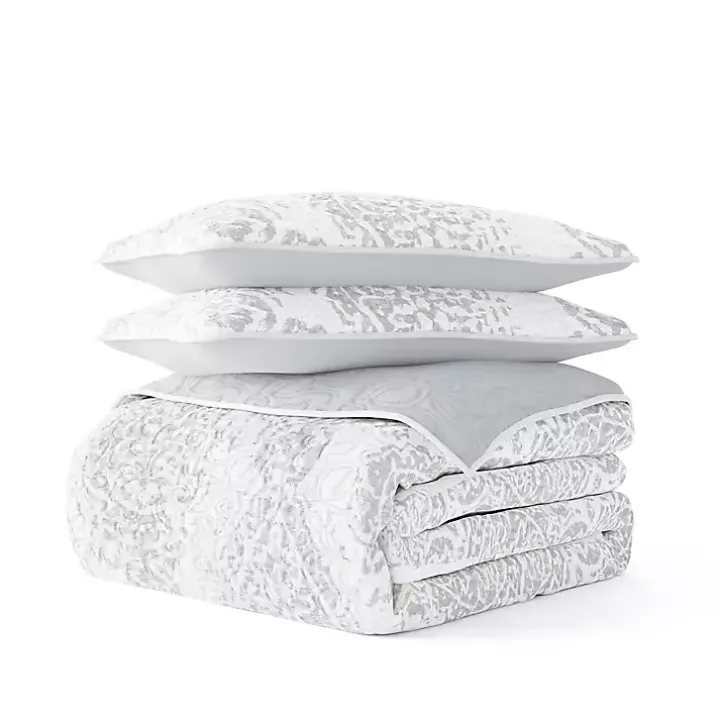Gray Damask Reversible 3-pc. Queen Quilt Set