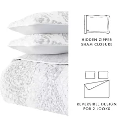 Gray Damask Reversible 3-pc. Queen Quilt Set