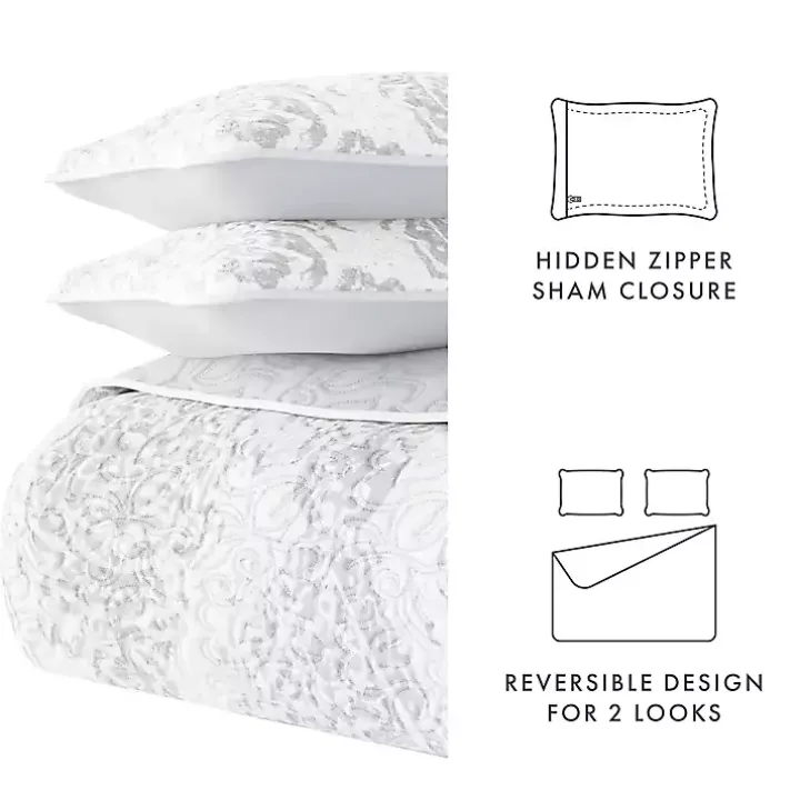 Gray Damask Reversible 3-pc. Queen Quilt Set