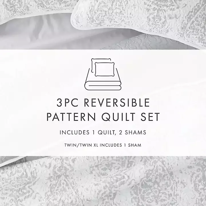 Gray Damask Reversible 3-pc. Queen Quilt Set