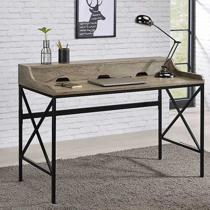 Gray Finish X Frame Wooden Hinged Top Desk
