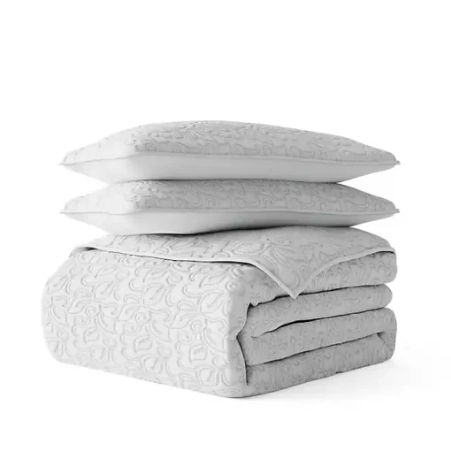 Gray Floral Stitch 3-pc. King Quilt Set