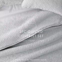 Gray Floral Stitch 3-pc. King Quilt Set