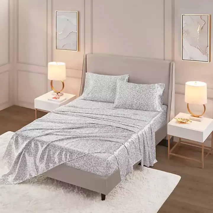 Gray Leopard Print Satin 4-pc. King Sheet Set