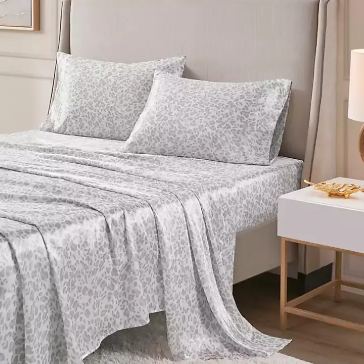 Gray Leopard Print Satin 4-pc. King Sheet Set