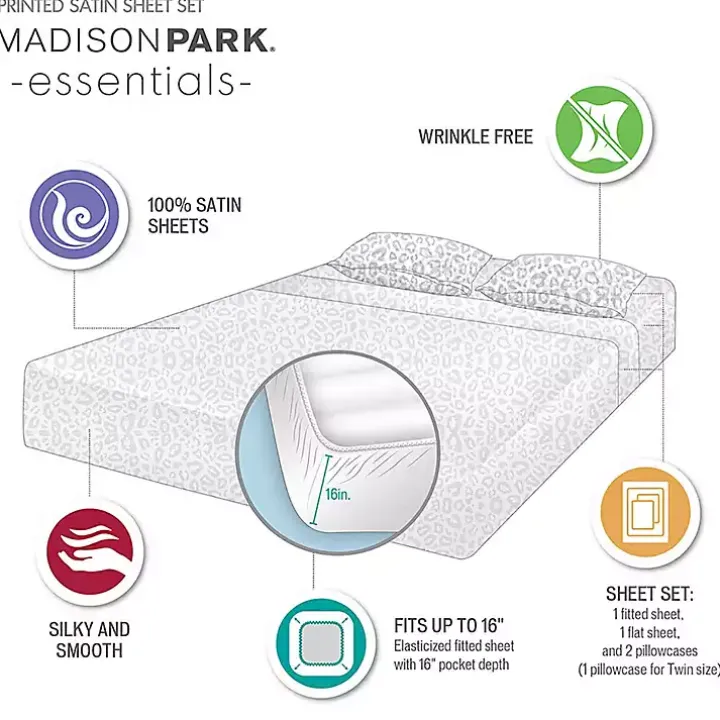 Gray Leopard Print Satin 4-pc. King Sheet Set