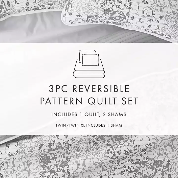 Gray Patchwork Reversible 3-pc. Queen Quilt Set