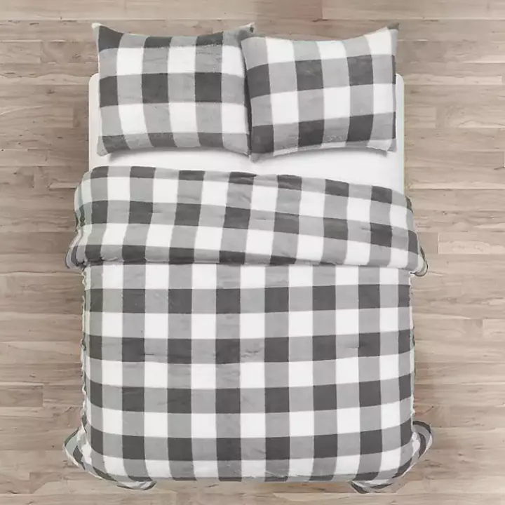 Gray Plaid Faux Fur 3-pc. King Comforter Set