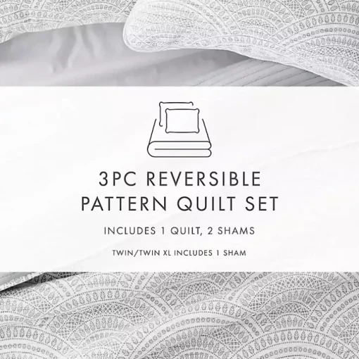 Gray Scalloped Reversible 3-pc. Queen Quilt Set