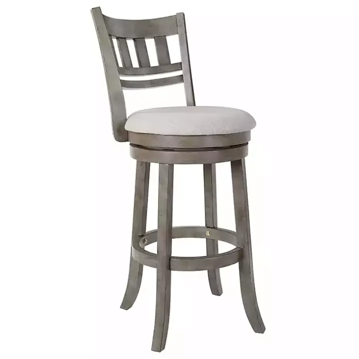 Gray Slatted Back Upholstered Swivel Bar Stool