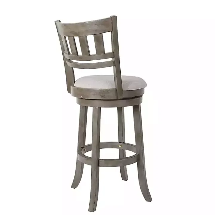 Gray Slatted Back Upholstered Swivel Bar Stool