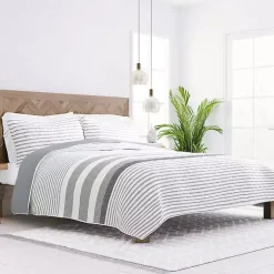 Gray Striped Reversible 3-pc. Queen Quilt Set