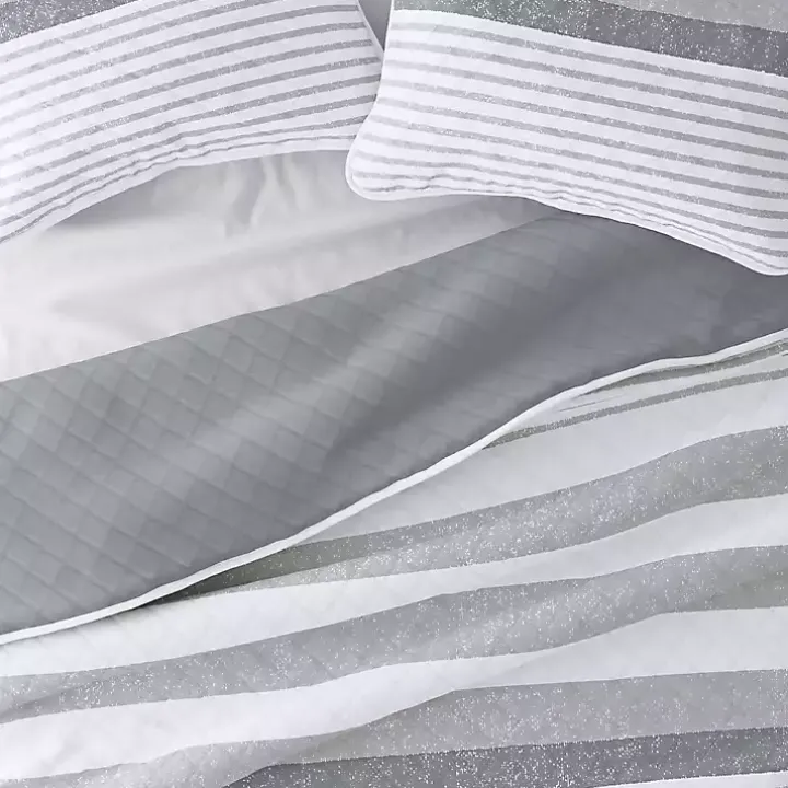 Gray Striped Reversible 3-pc. Queen Quilt Set