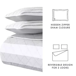 Gray Striped Reversible 3-pc. Queen Quilt Set