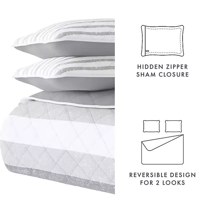 Gray Striped Reversible 3-pc. Queen Quilt Set