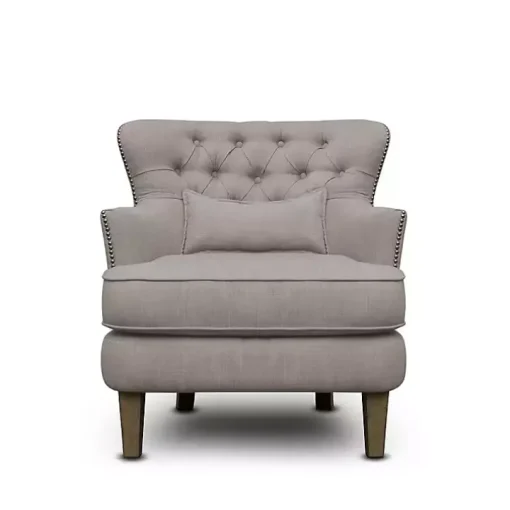 Gray Tufted Armchair with Lumbar Pillow