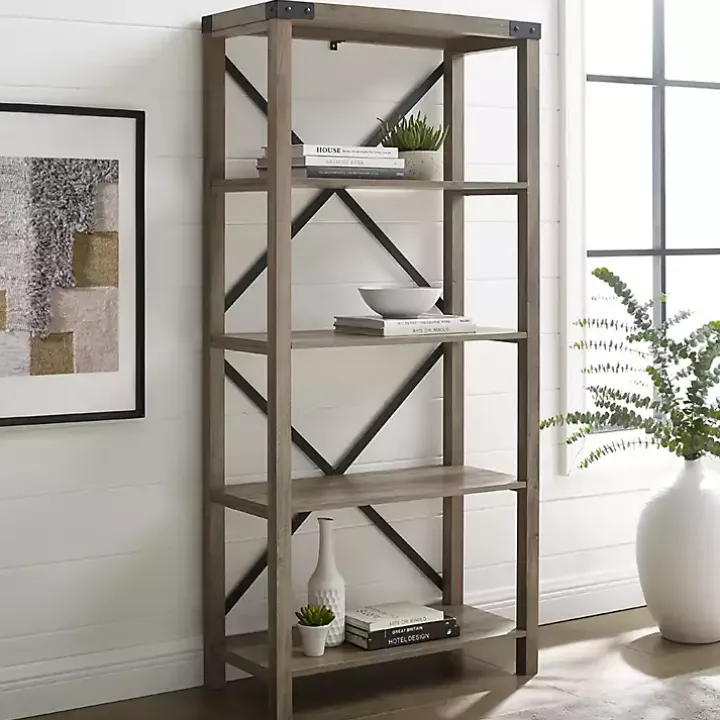 Gray Wash Metal X Frame Back Bookshelf
